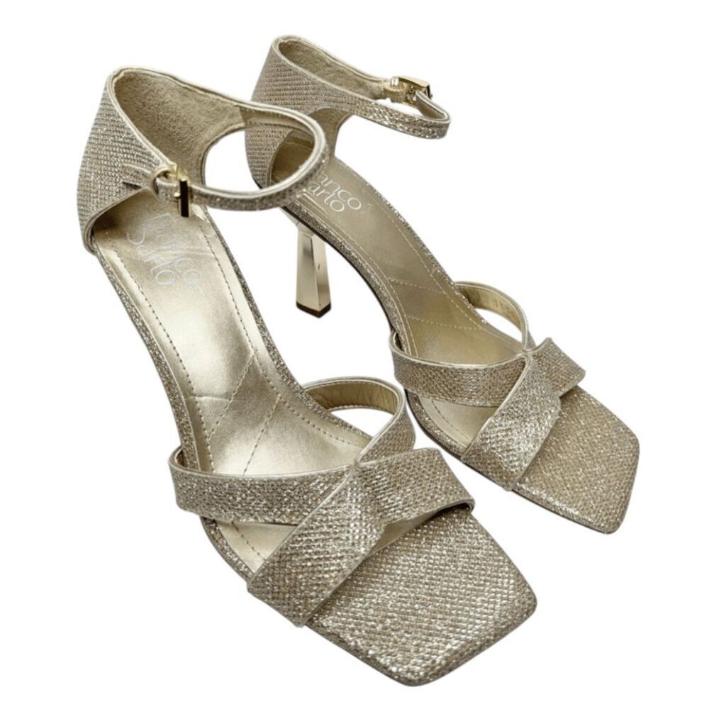Franco Sarto Sandals Size 9‎ Gold Leather Ankle Strap Square Toe Dress Heels NEW